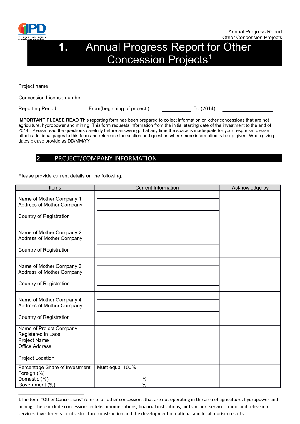 Annual Progress Report for Otherconcession Projects 1