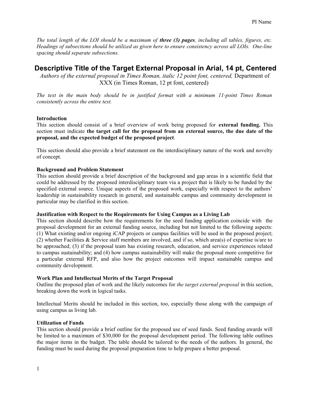 Descriptive Title of the Target External Proposal in Arial, 14 Pt, Centered