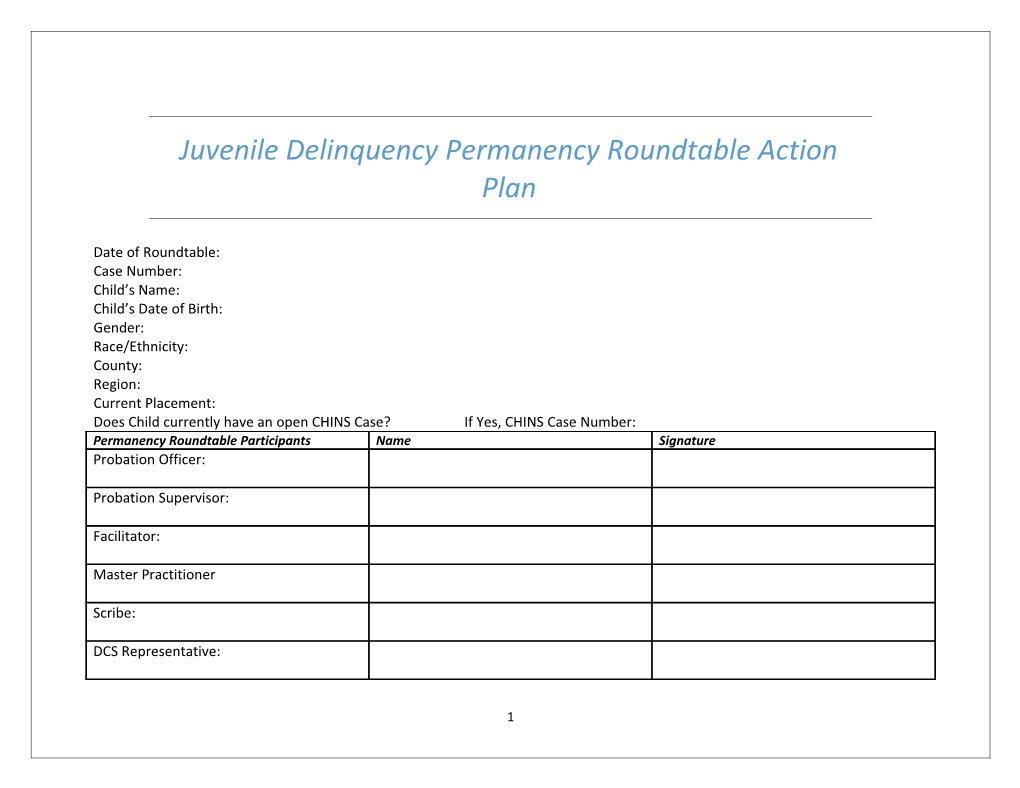 Juvenile Delinquency Permanency Roundtable Action Plan