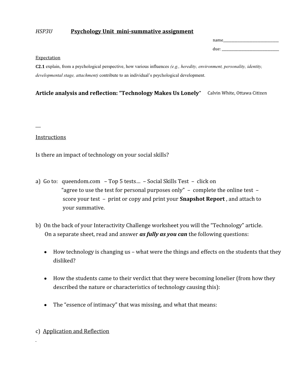 HSP3U Psychology Unit Mini-Summative Assignment