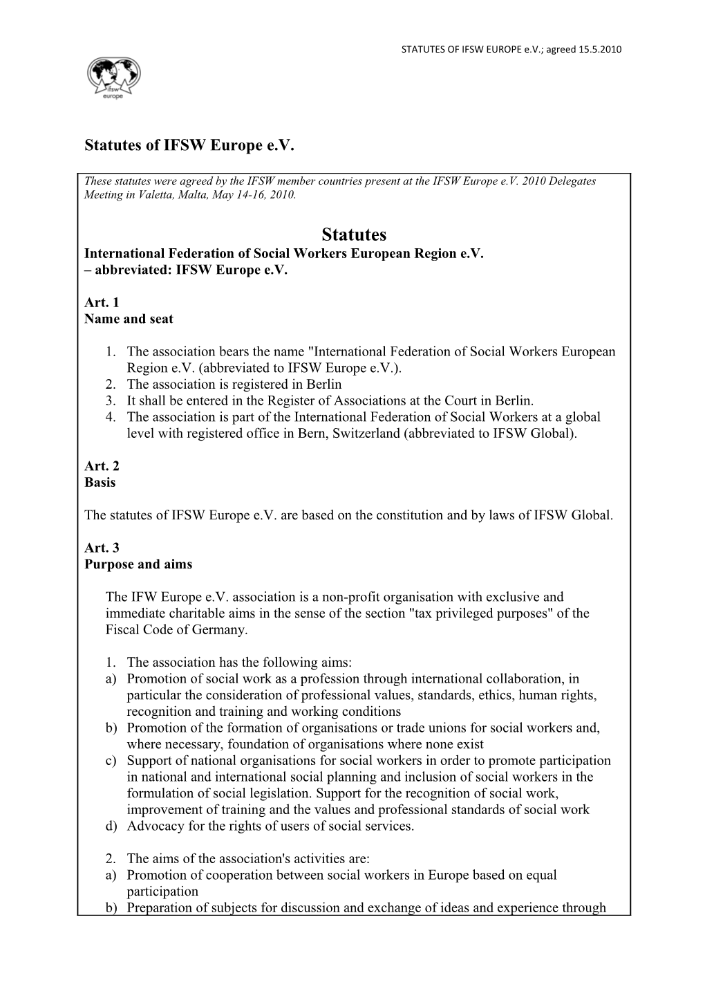 STATUTES of IFSW EUROPE E.V.; Agreed 15.5.2010