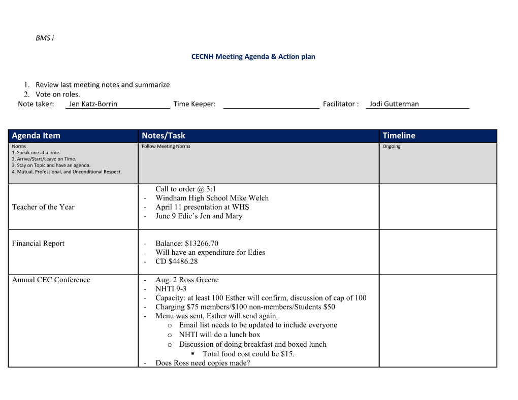 CECNH Meeting Agenda & Action Plan