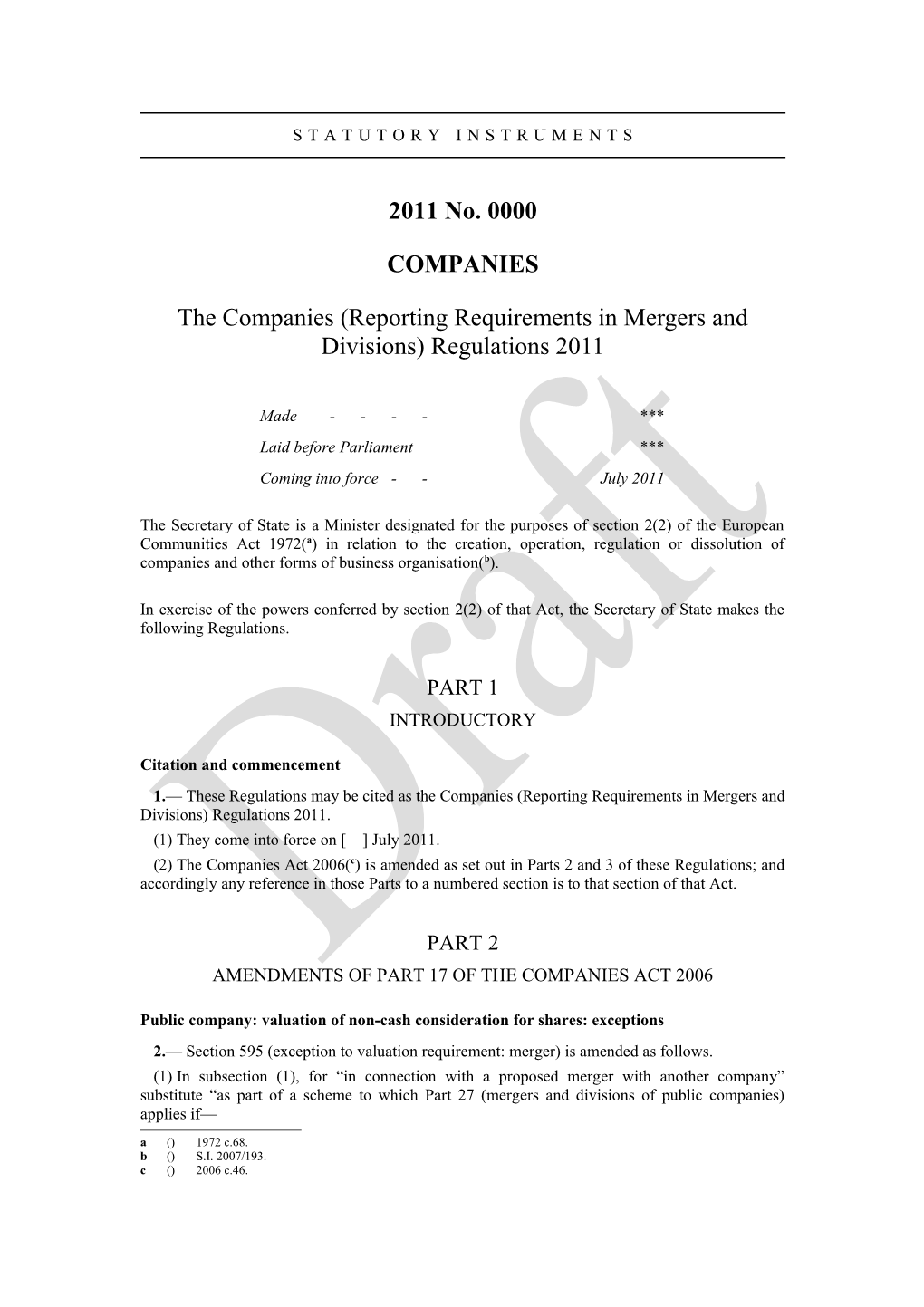Draft Statutory Instrument - the Companies (Reporting Requirements in Mergers and Divisions)