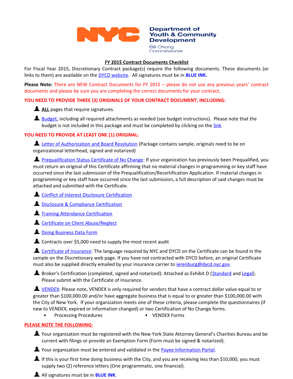 FY 2015 Contract Documents Checklist