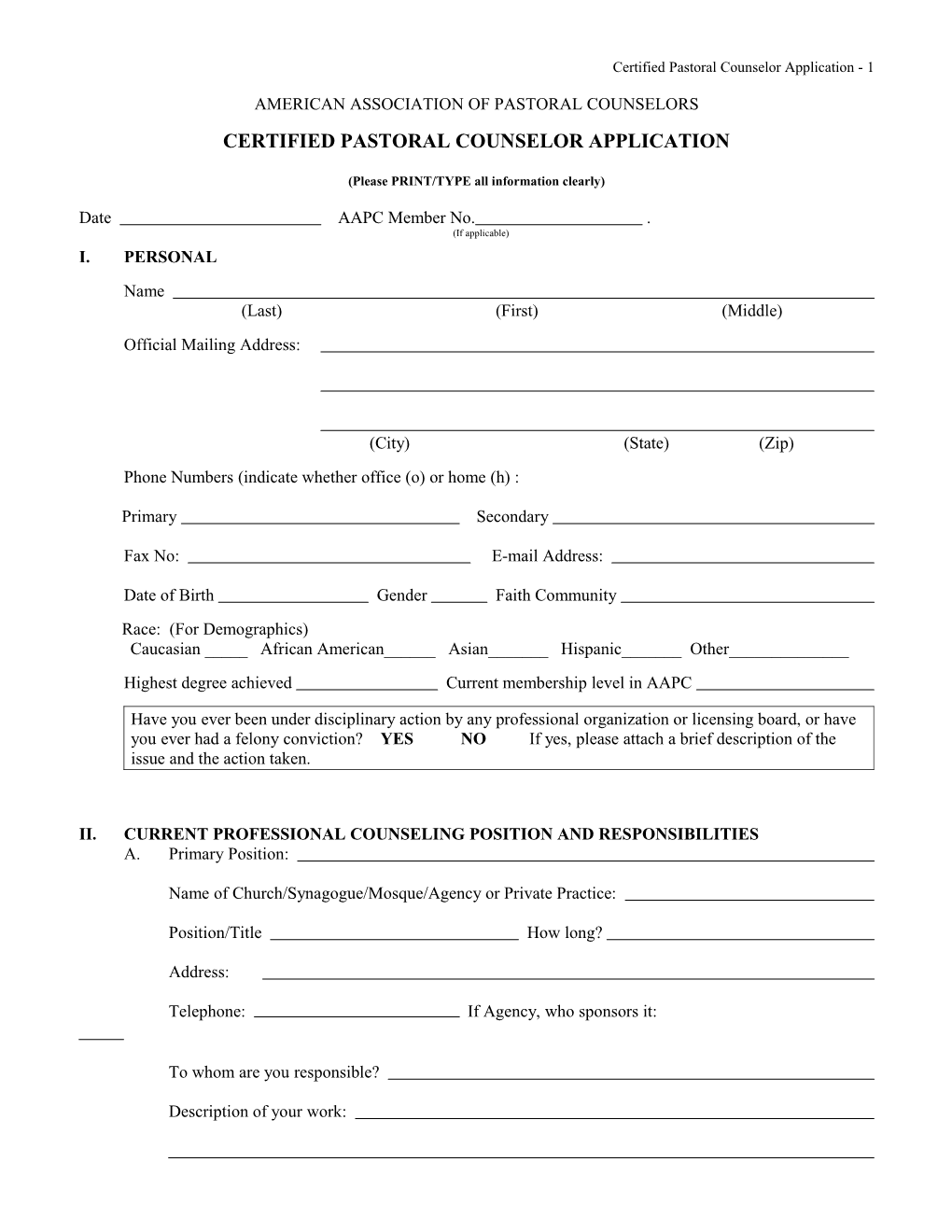 Certified Pastoral Counselor Application - 1