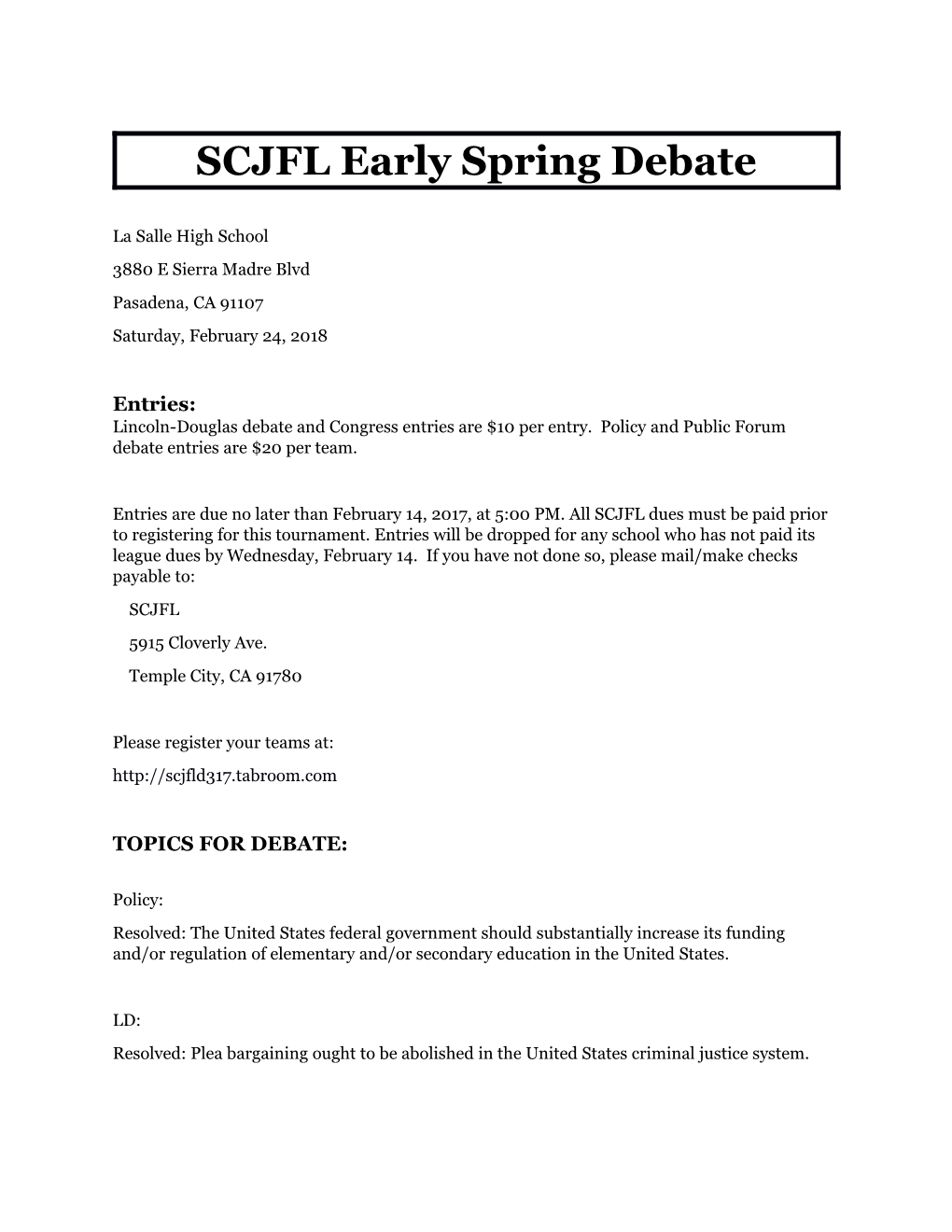 SCJFL Early Spring Debate