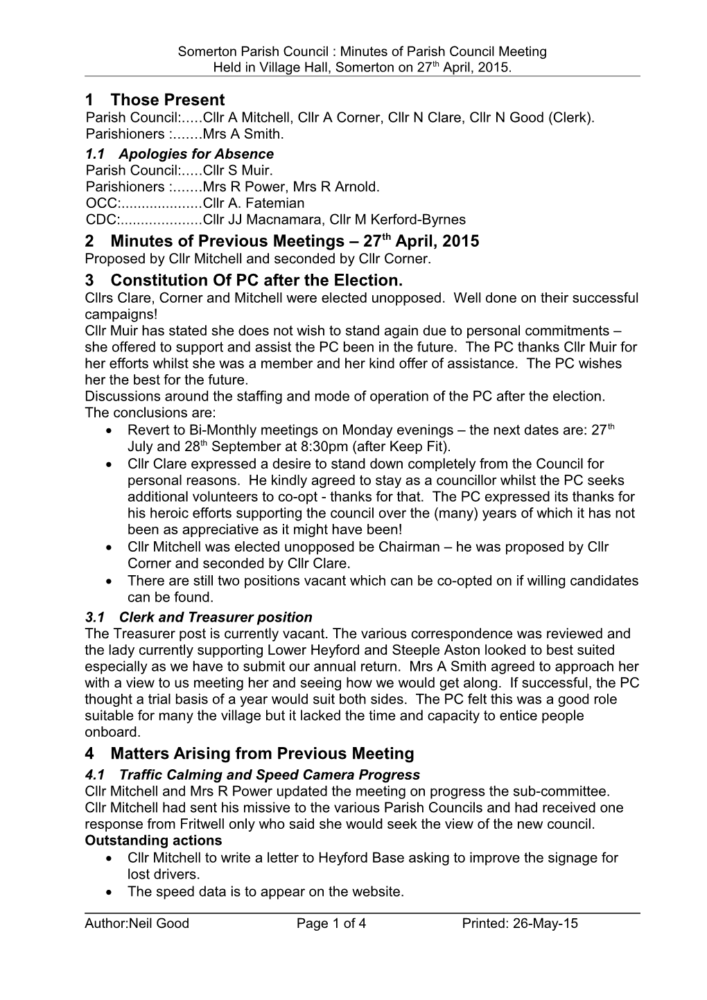 Somerton Parish Council : Minutes of Parish Council Meeting