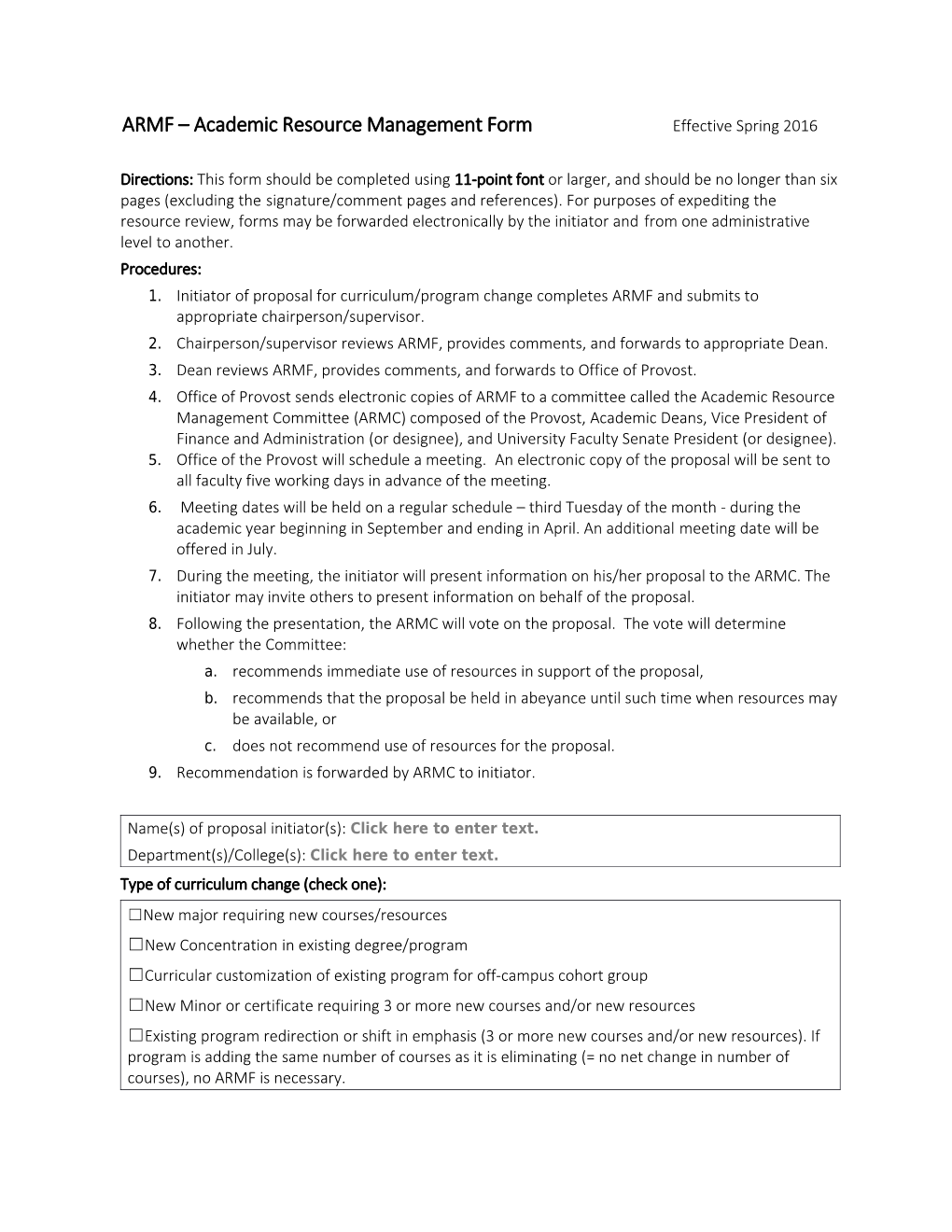 ARMF Academic Resource Management Form Effective Spring 2016