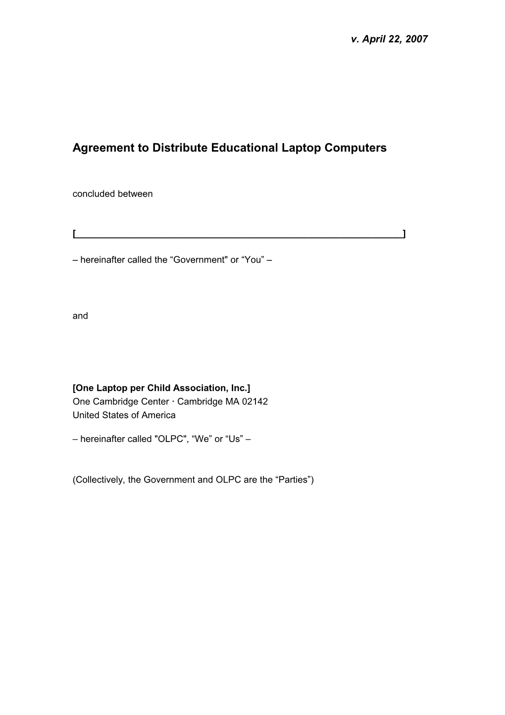 Agreement to Distribute Educational Laptop Computers
