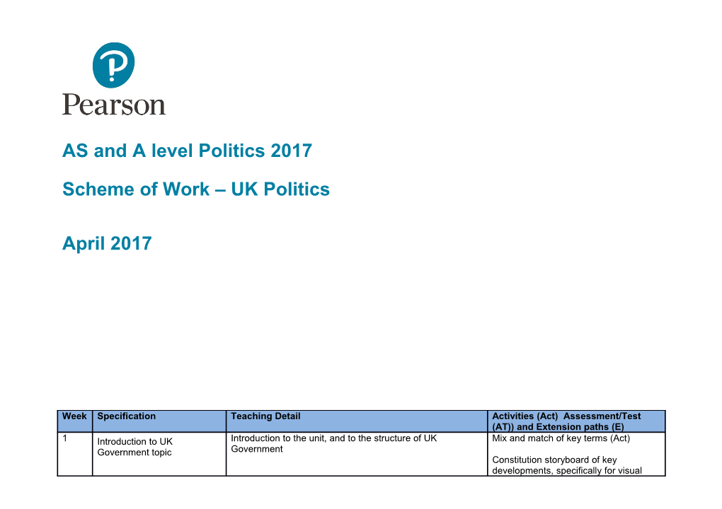 AS and a Level Politics 2017 Scheme of Work UK Politics