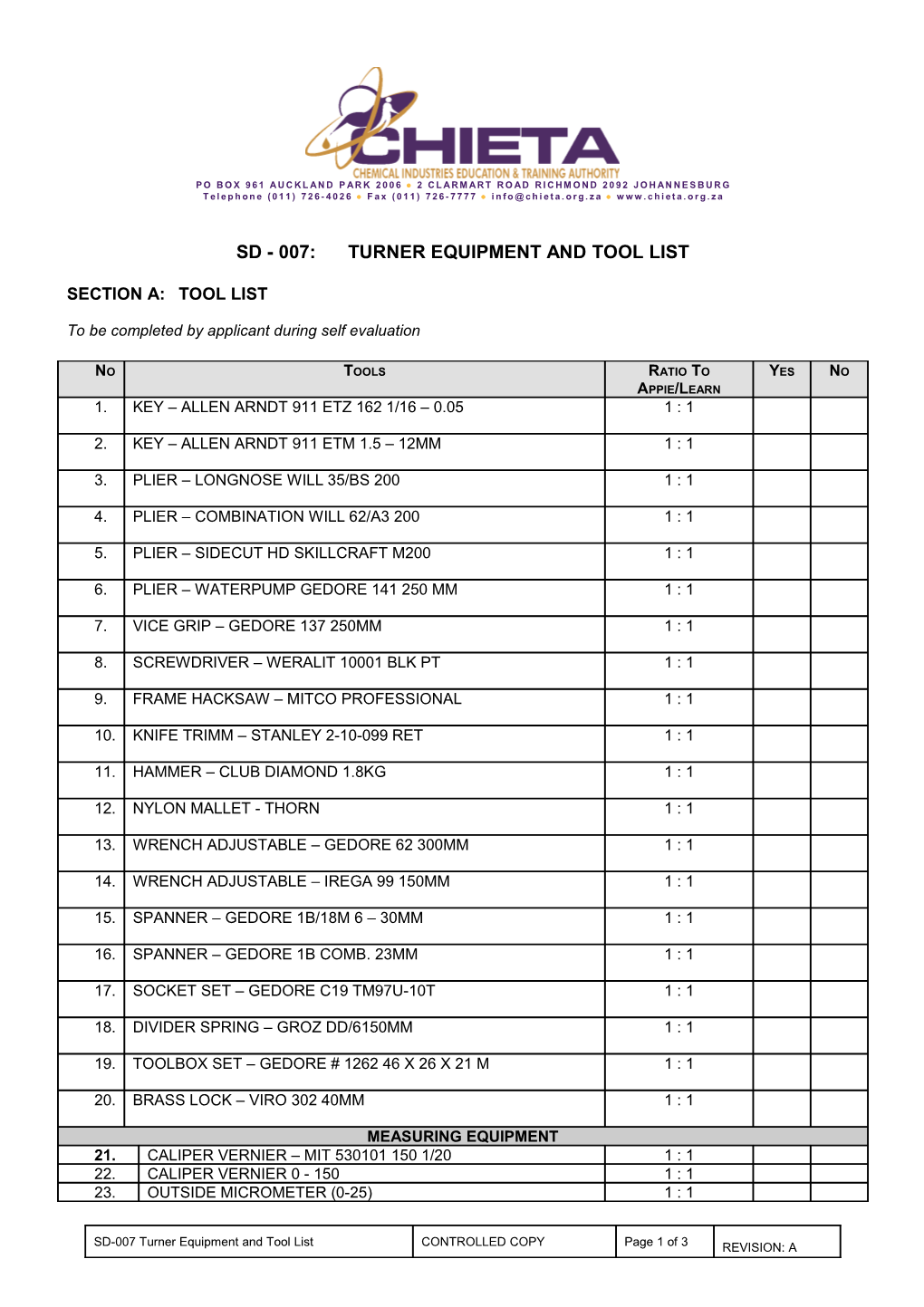 Sd - 007:Turner Equipment and Tool List
