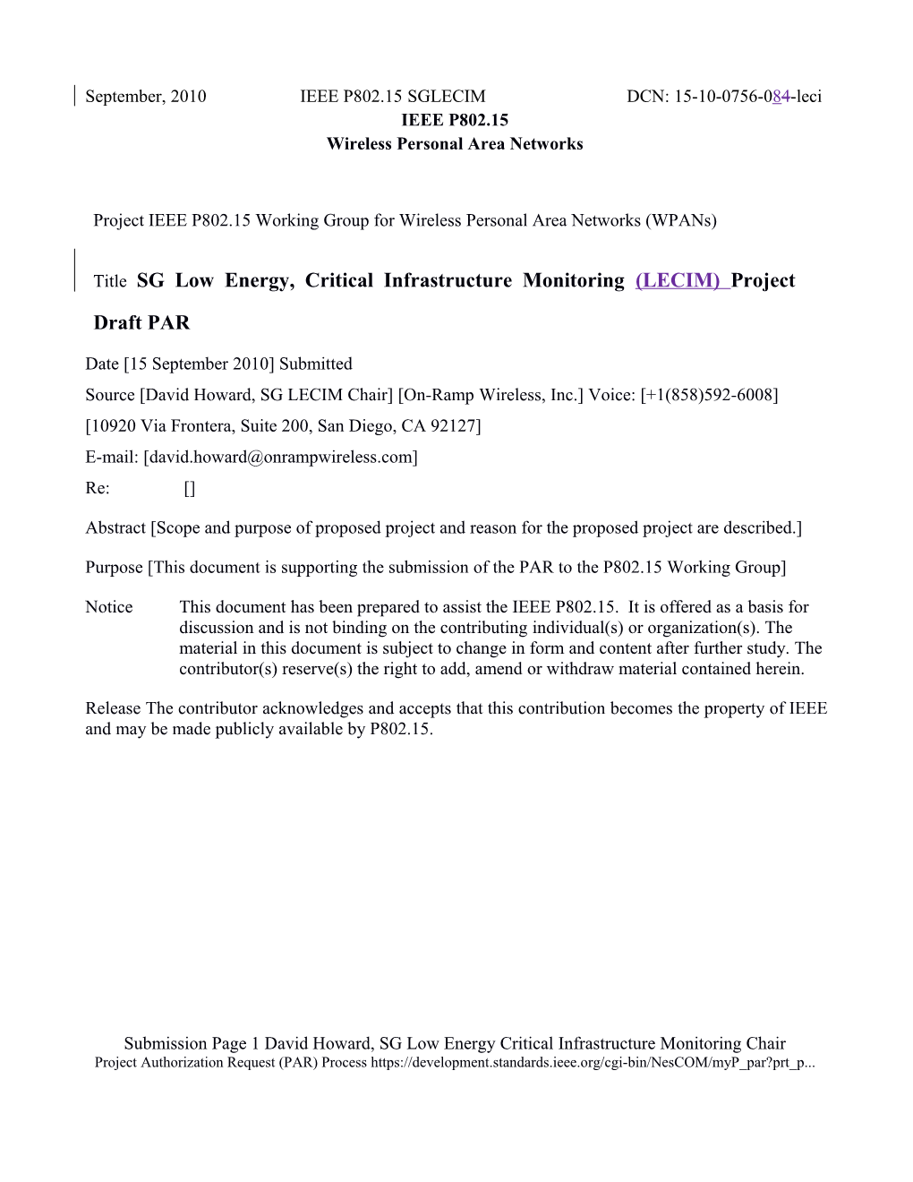 Project IEEE P802.15 Working Group for Wireless Personal Area Networks (Wpans)