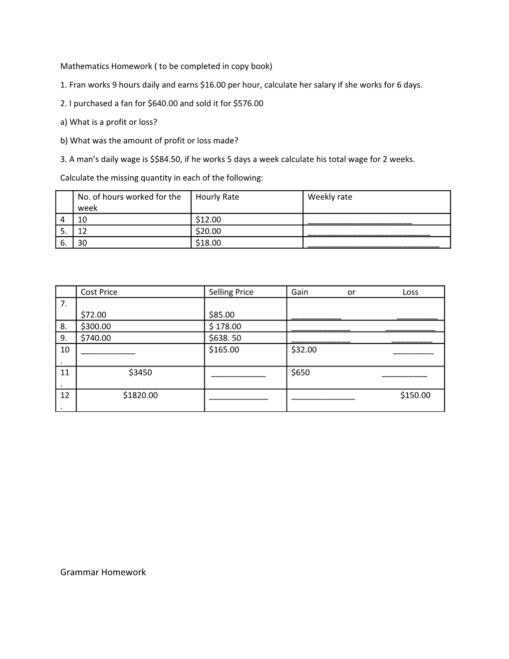 Mathematics Homework ( to Be Completed in Copy Book)