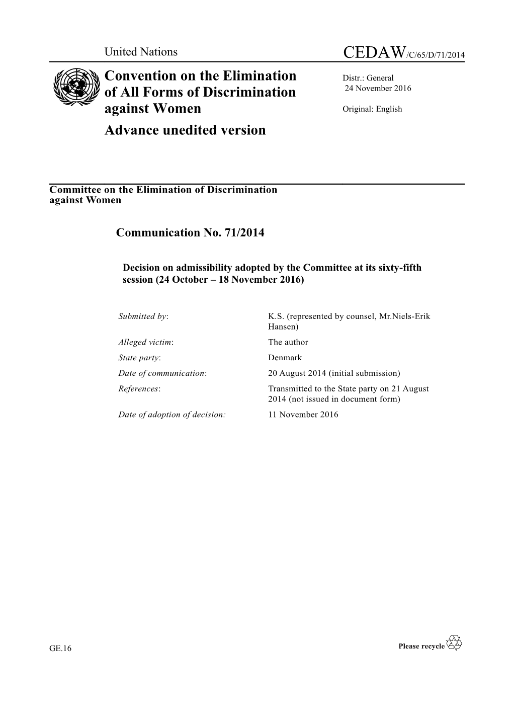 Advance Unedited Version CEDAW/C/65/D/71/2014