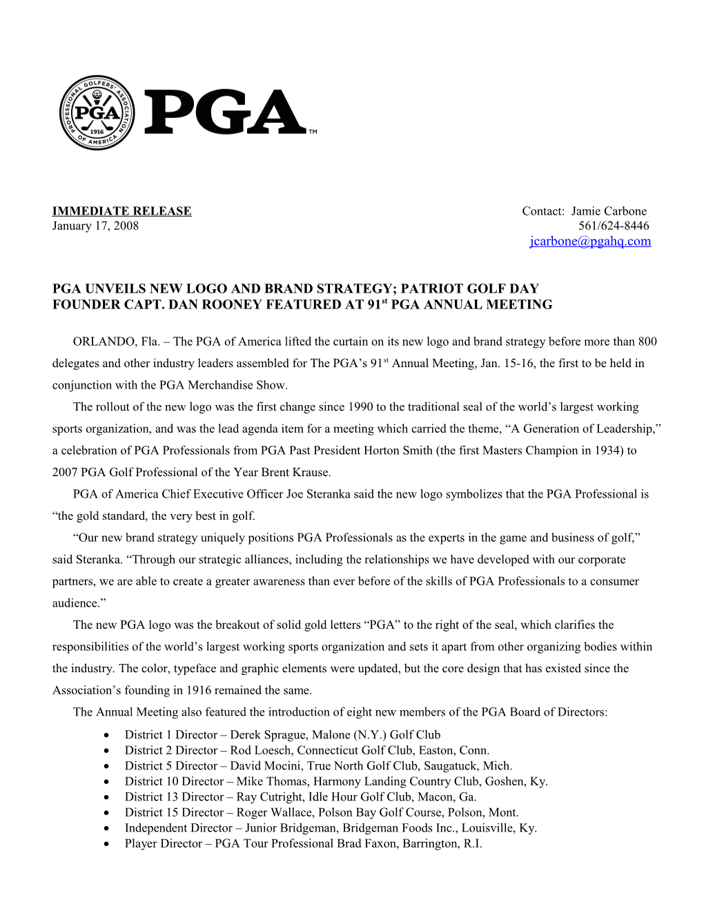 Pga Unveils New Logo and Brand Strategy; Patriot Golf Day