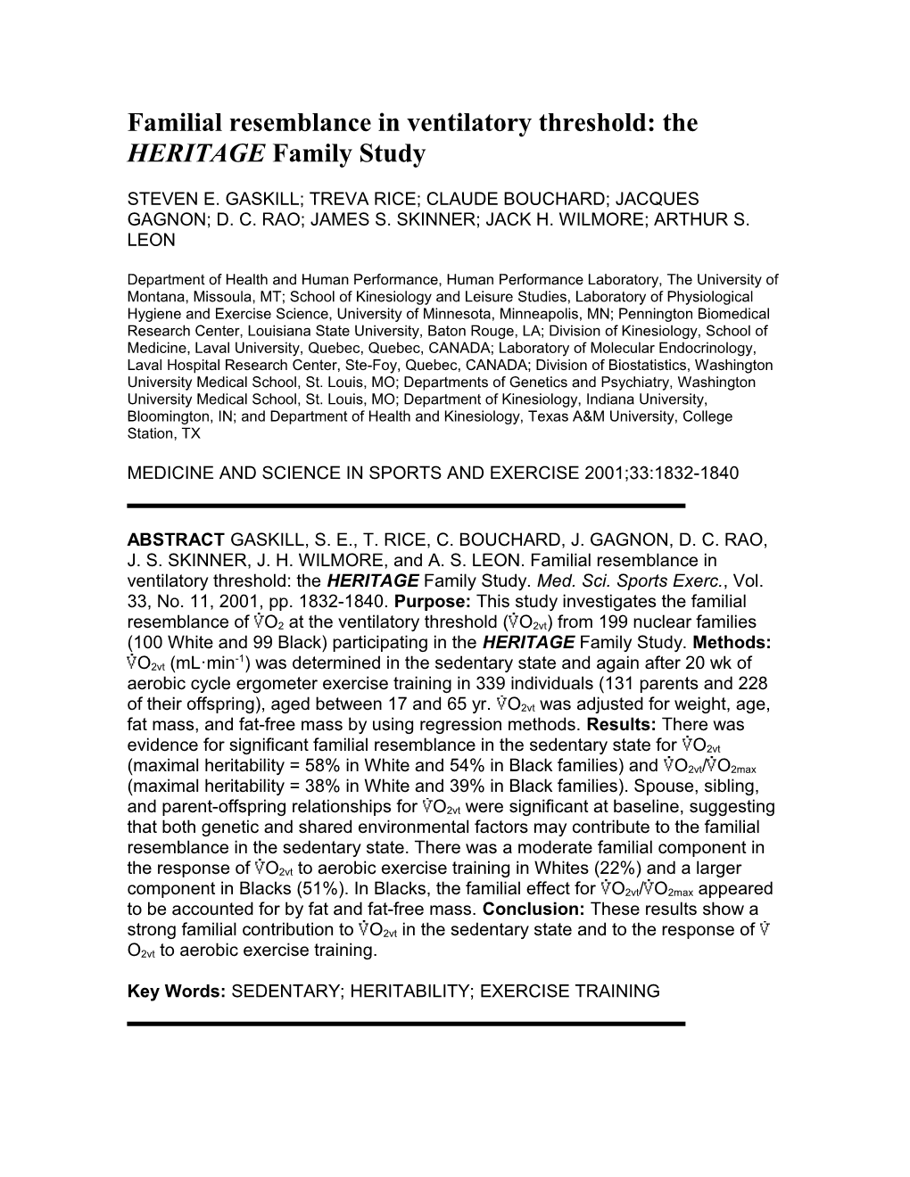 Familial Resemblance in Ventilatory Threshold: the HERITAGE Family Study