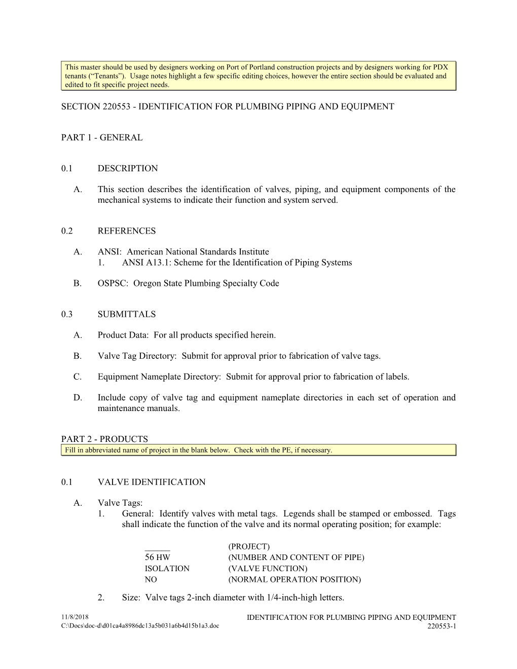 Section 220553 - Identification for Plumbing Piping and Equipment