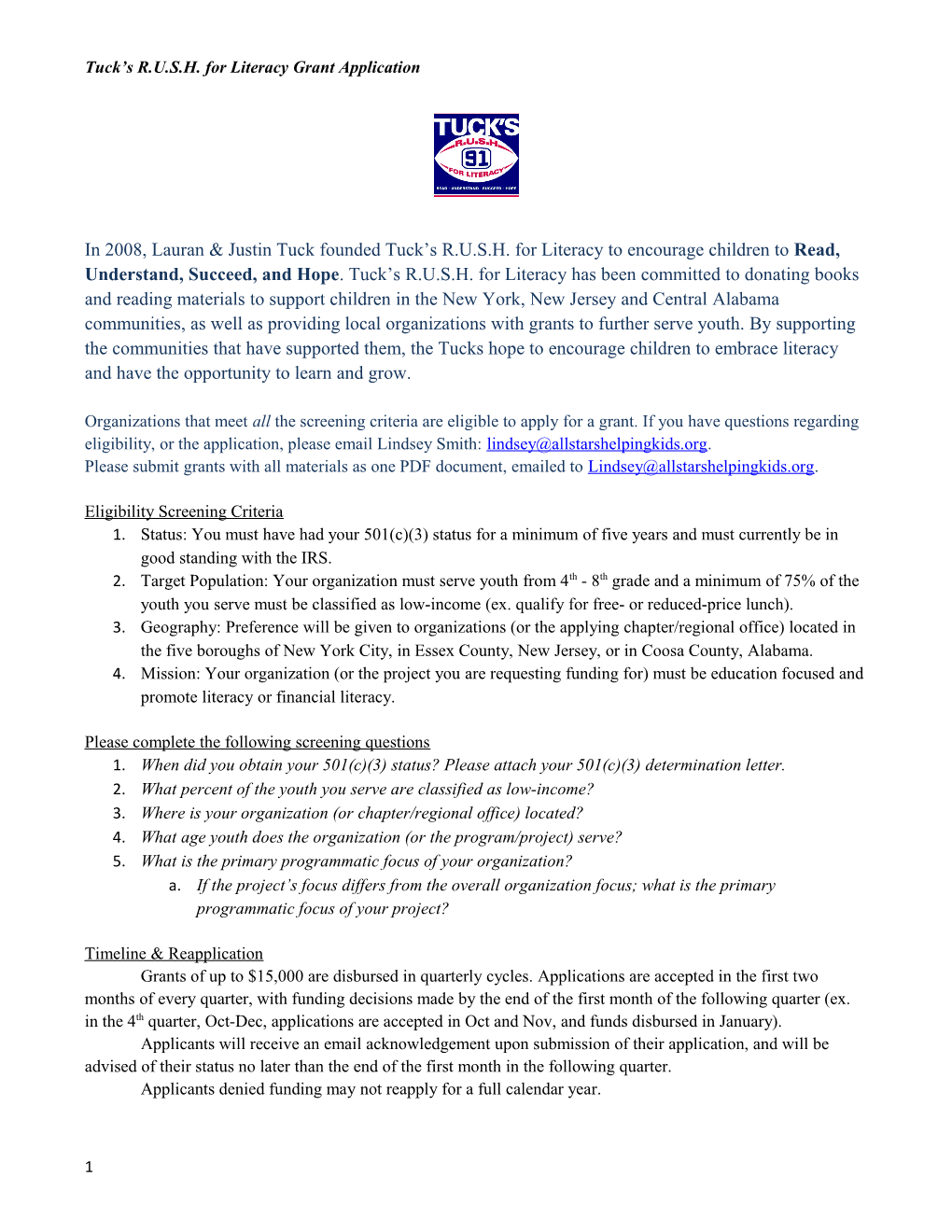 Tuck S R.U.S.H. for Literacy Grant Application