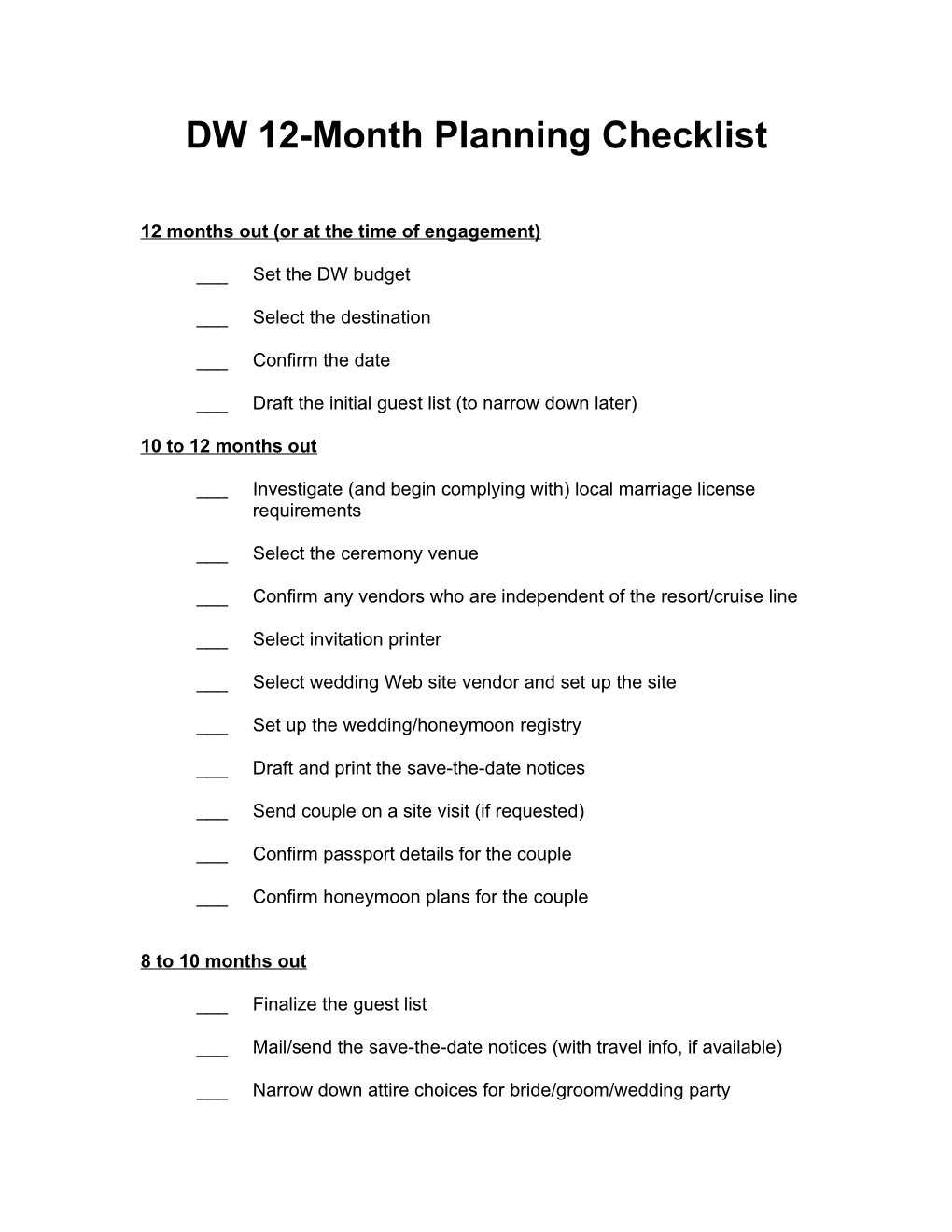 DW 12-Month Planning Checklist