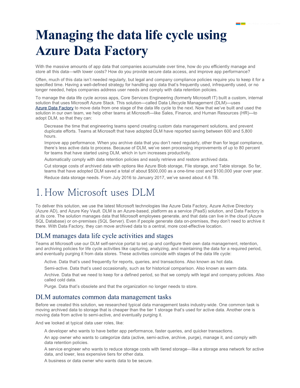 Managing the Data Life Cycle Using Azure Data Factory