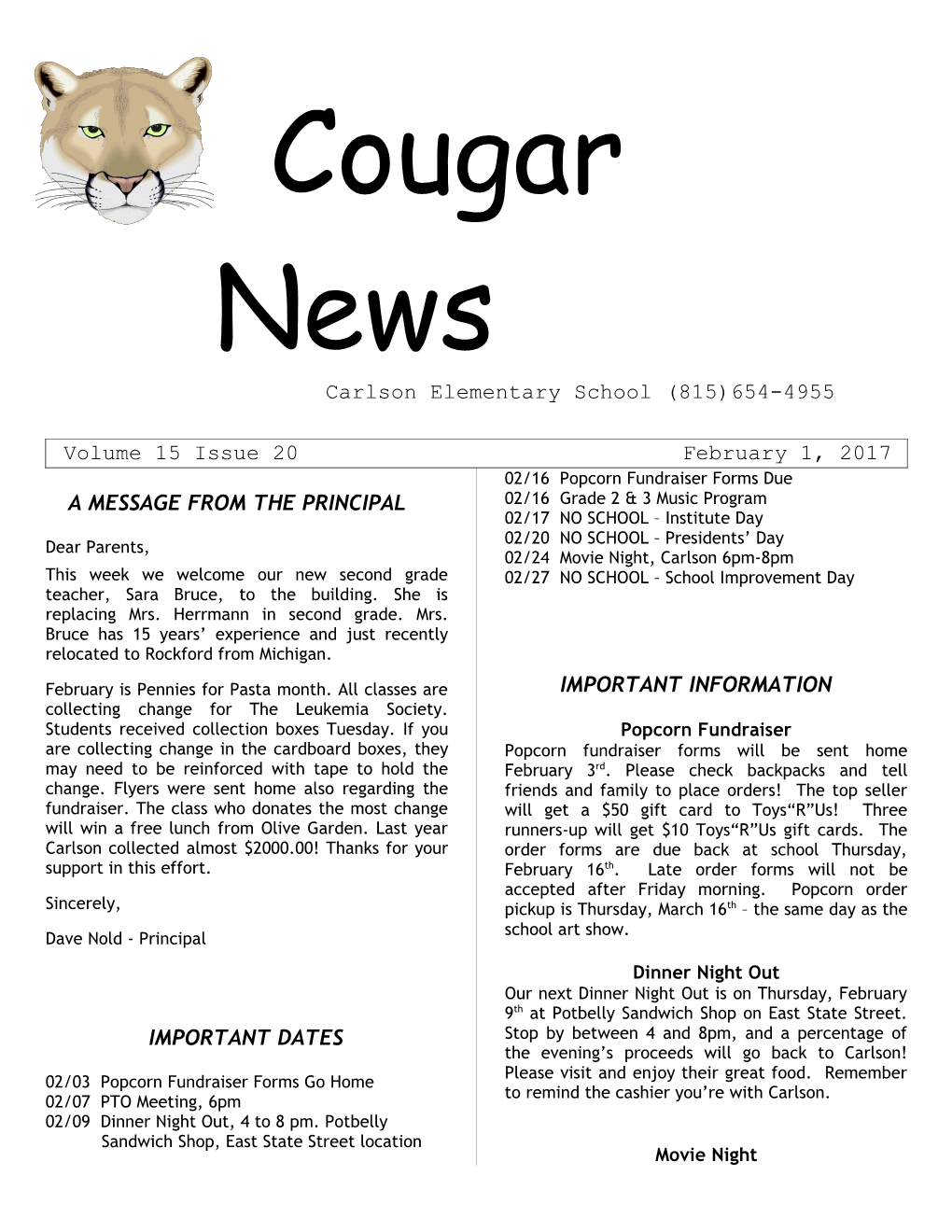 21 Cougar News for February 1 2017
