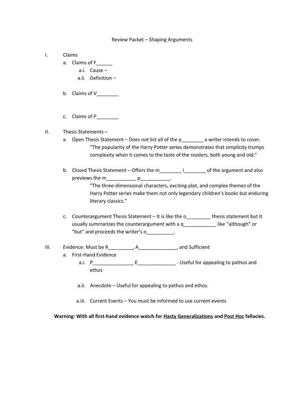 Review Packet Shaping Arguments