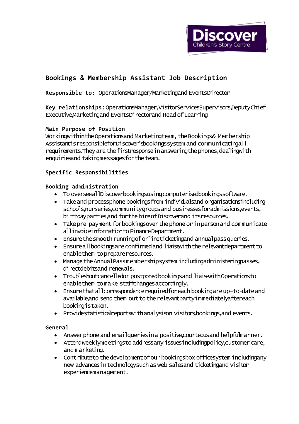Bookings & Membership Assistant Job Description