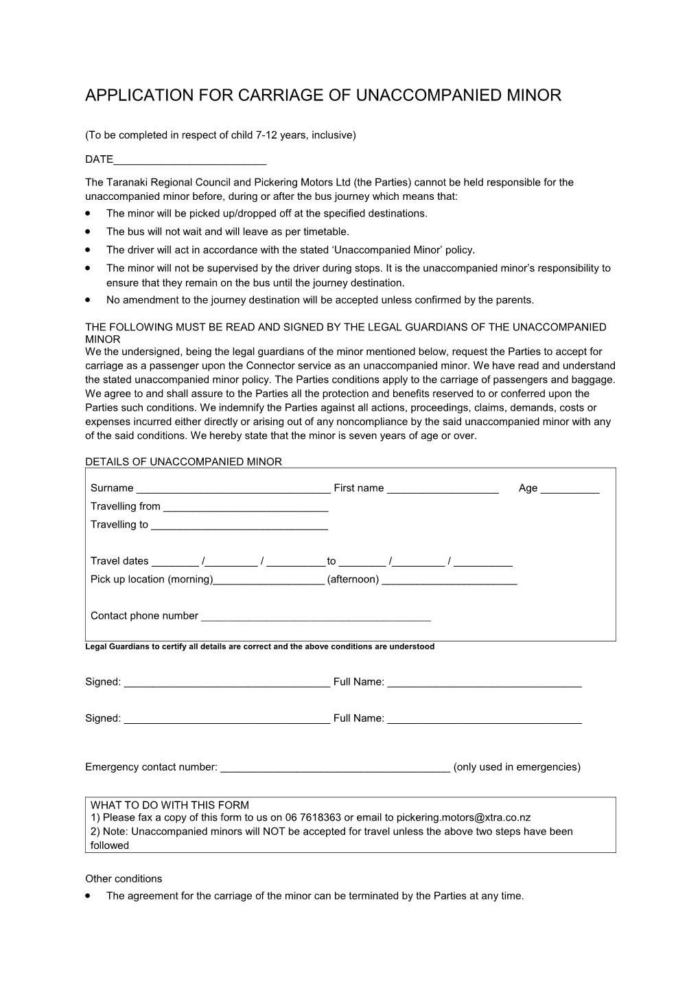 Application for Carriage of Unaccompanied Minor