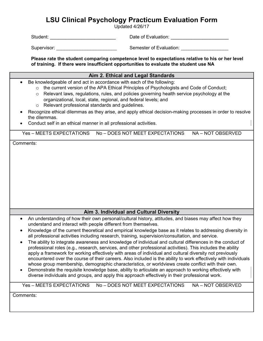 LSU Clinical Psychology Practicum Evaluation Form