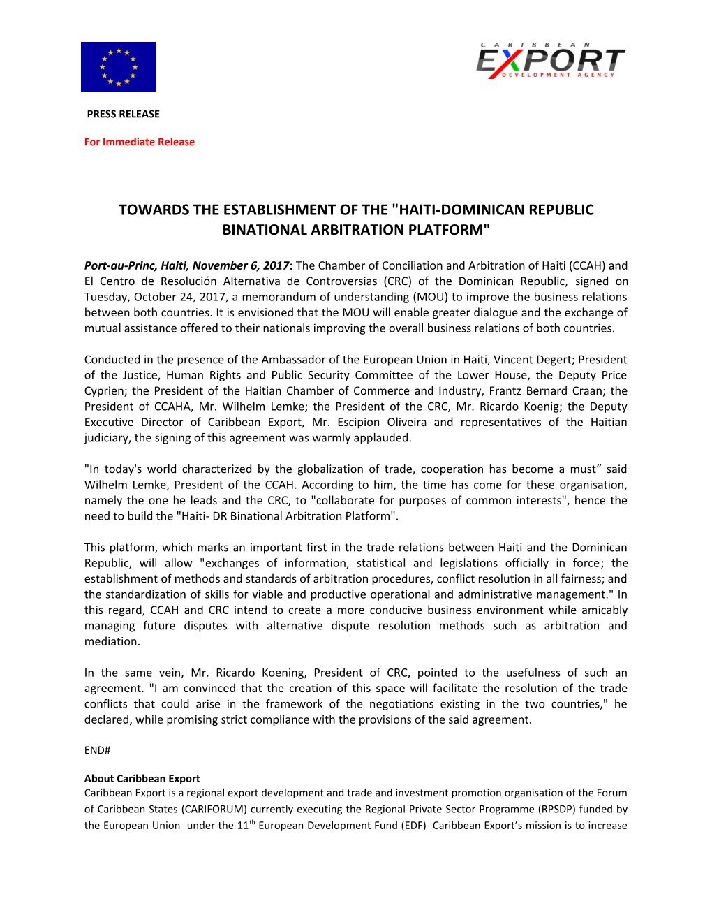 Towards the Establishment of the Haiti-Dominican Republic Binational Arbitration Platform