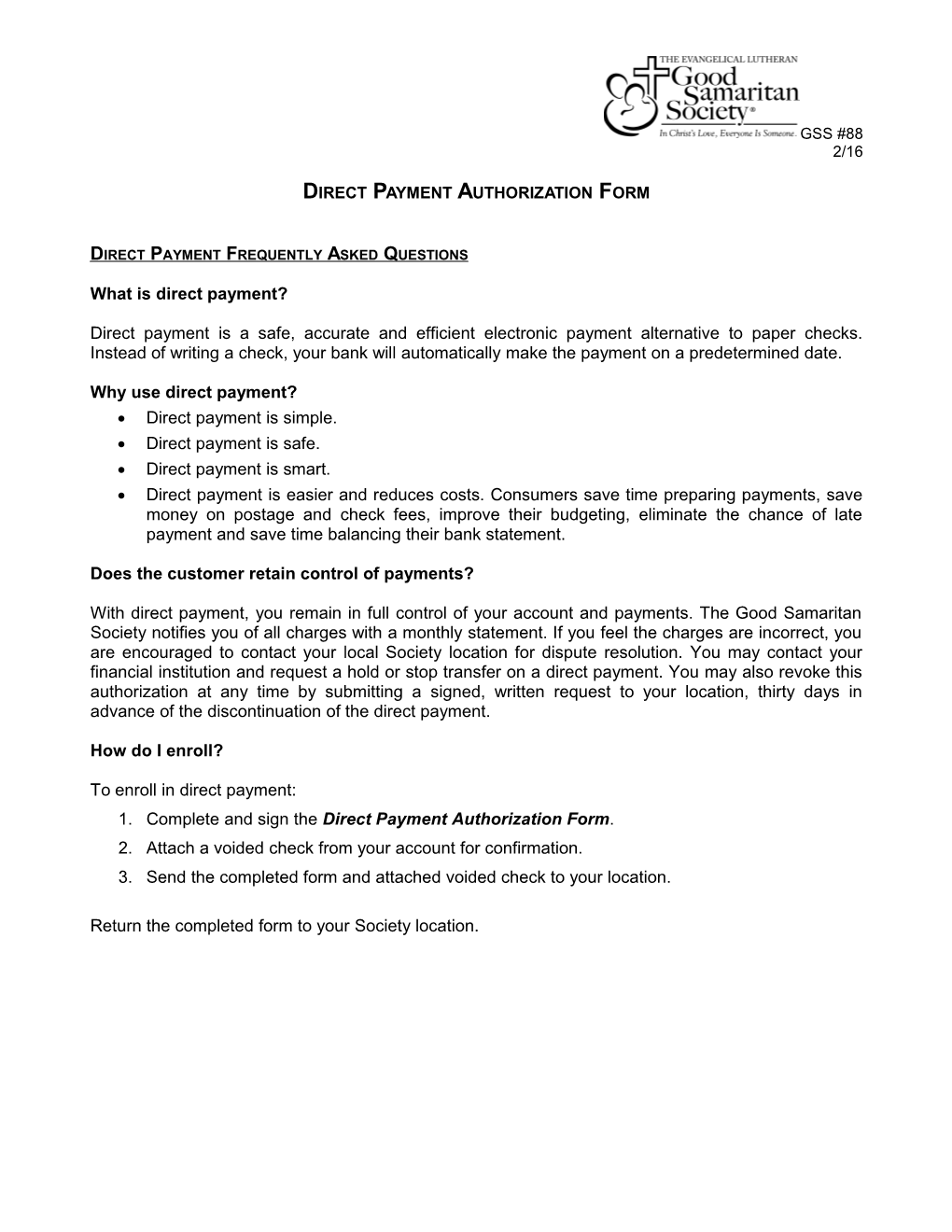 GSS #0088 - Direct Payment Plan Authorization Form