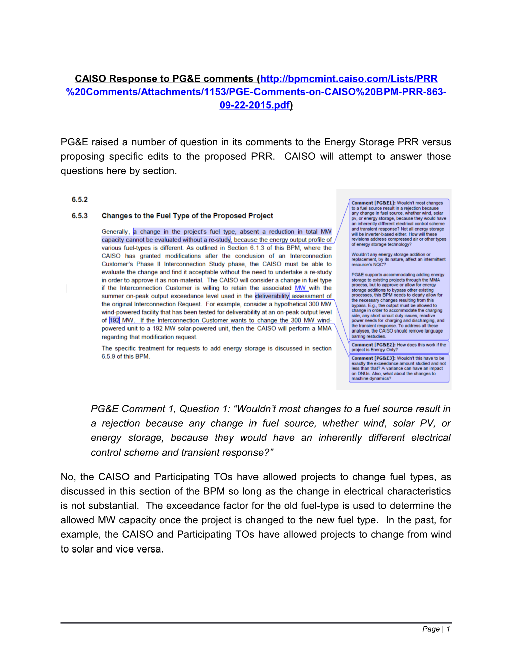 CAISO Response to PG&E Comments ( )