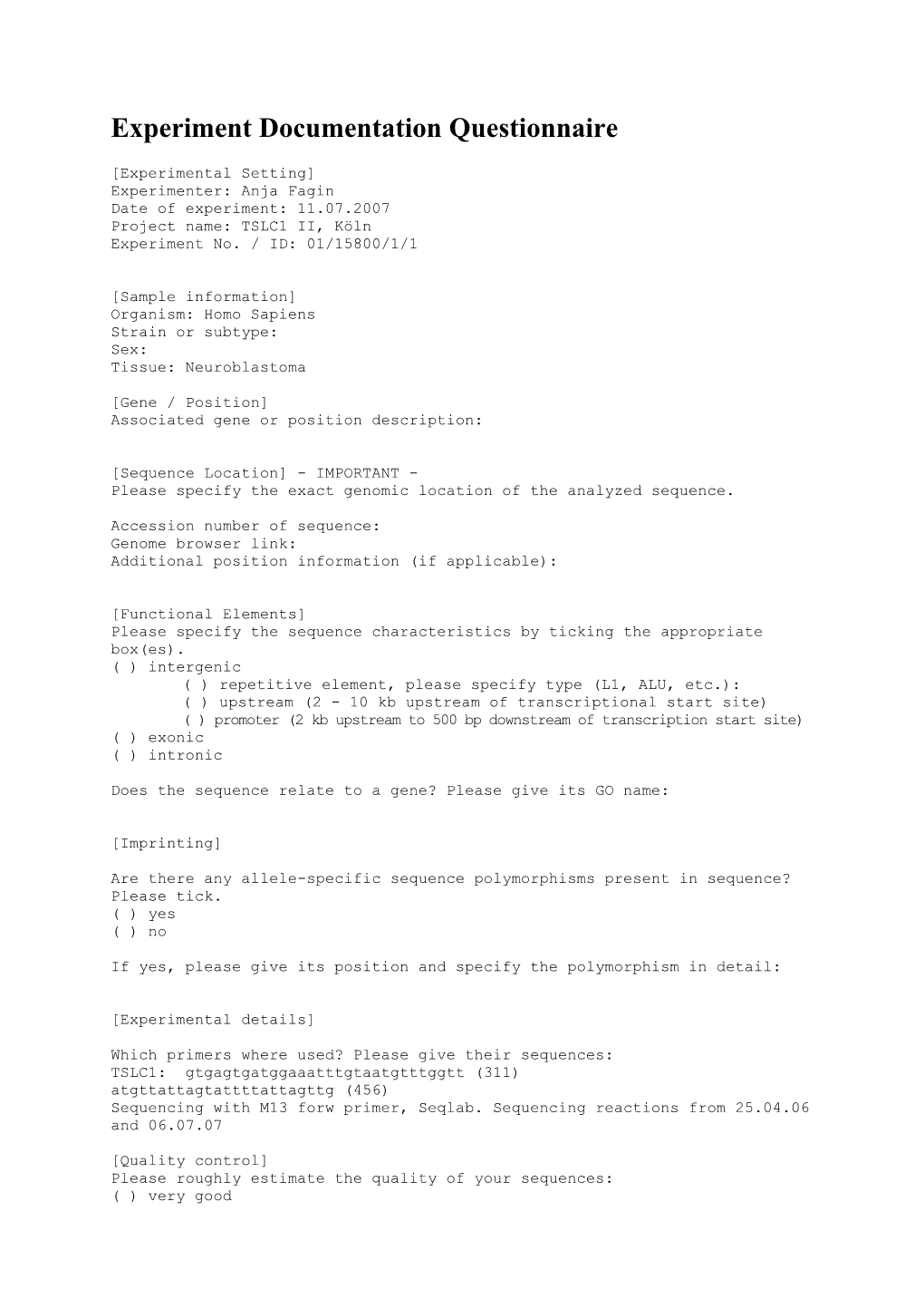 Experiment Documentation Questionnaire