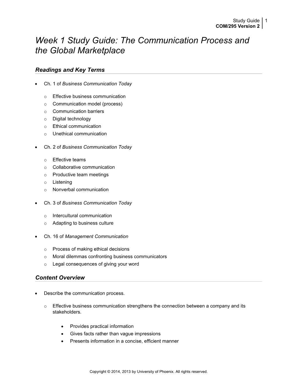Week 1Study Guide: the Communication Process and the Global Marketplace