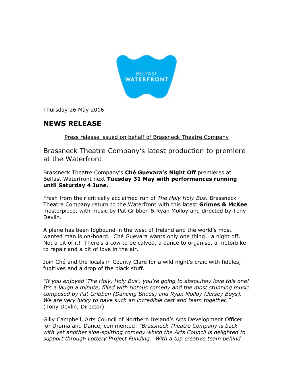 Press Release Issued on Behalf of Brassneck Theatre Company