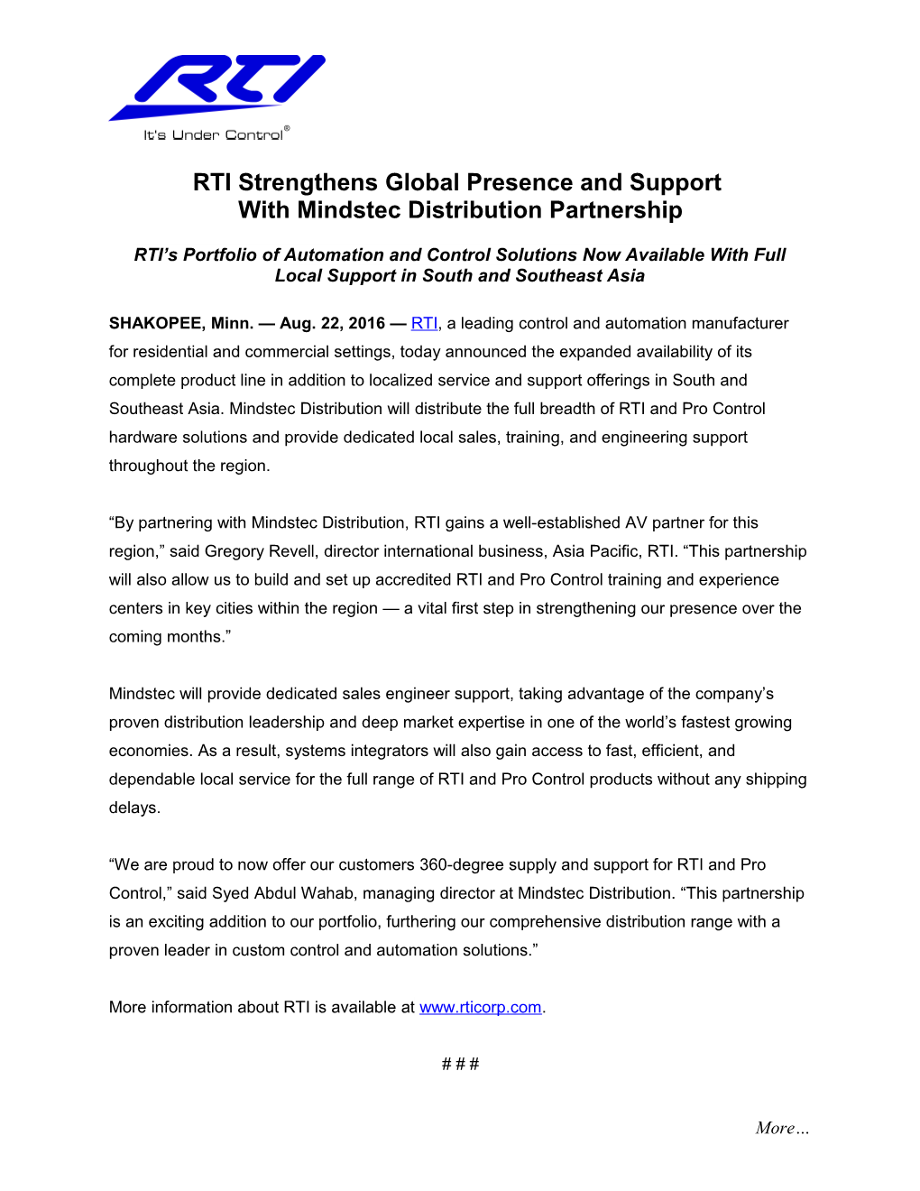 RTI Strengthens Global Presence and Support