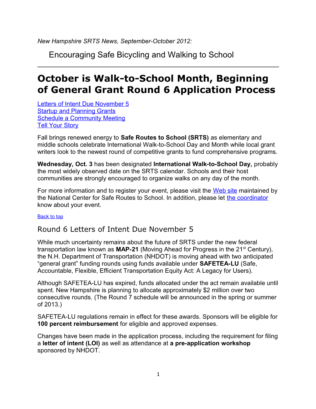 New Hampshire SRTS News, September-October2012