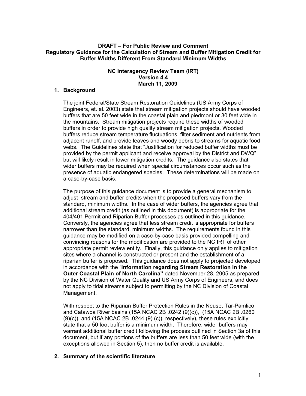 Regulatory Guidance for the Calculation of Stream and Buffer Mitigation Credit for Buffer