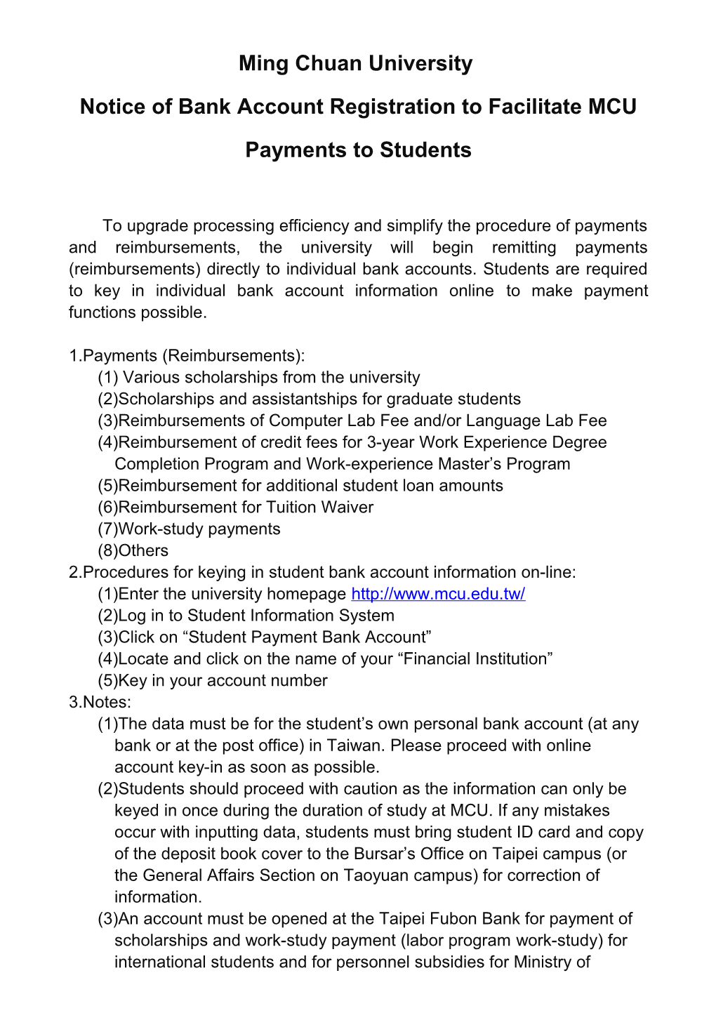 Notice of Bank Account Registration to Facilitate MCU Payments to Students