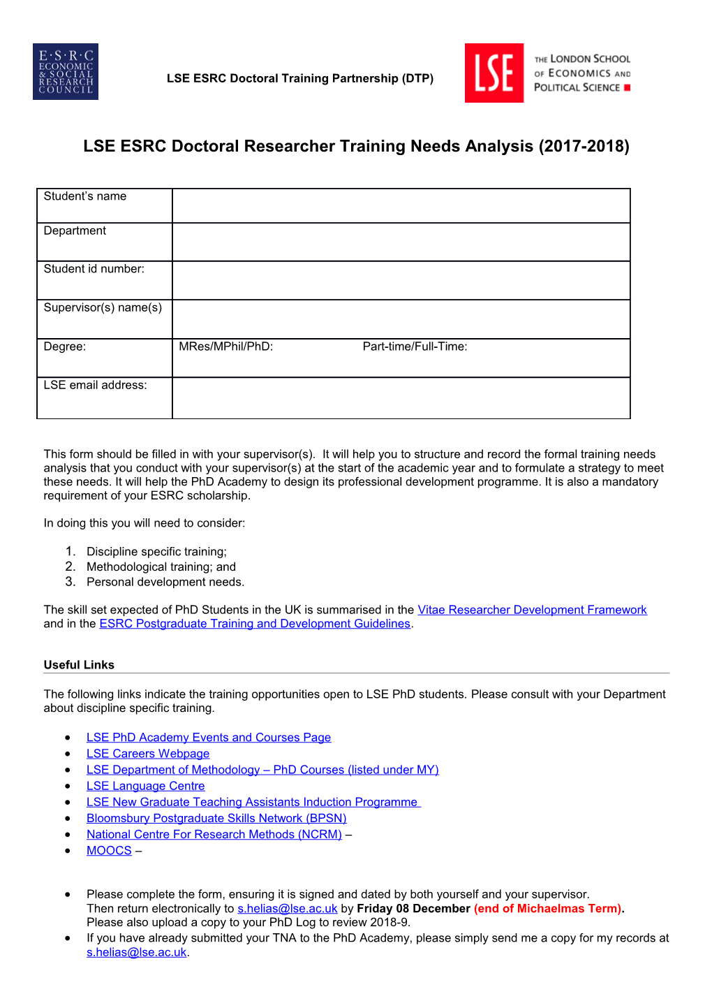 LSE ESRC Doctoral Researchertraining Needs Analysis(2017-2018)