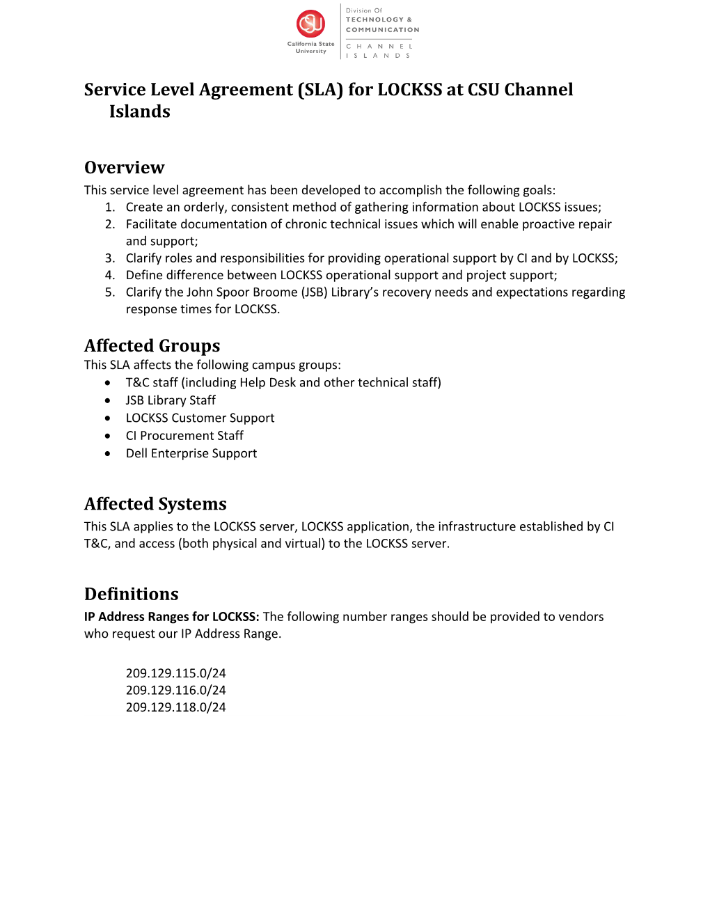 Service Level Agreement (SLA) for LOCKSS at CSU Channel Islands