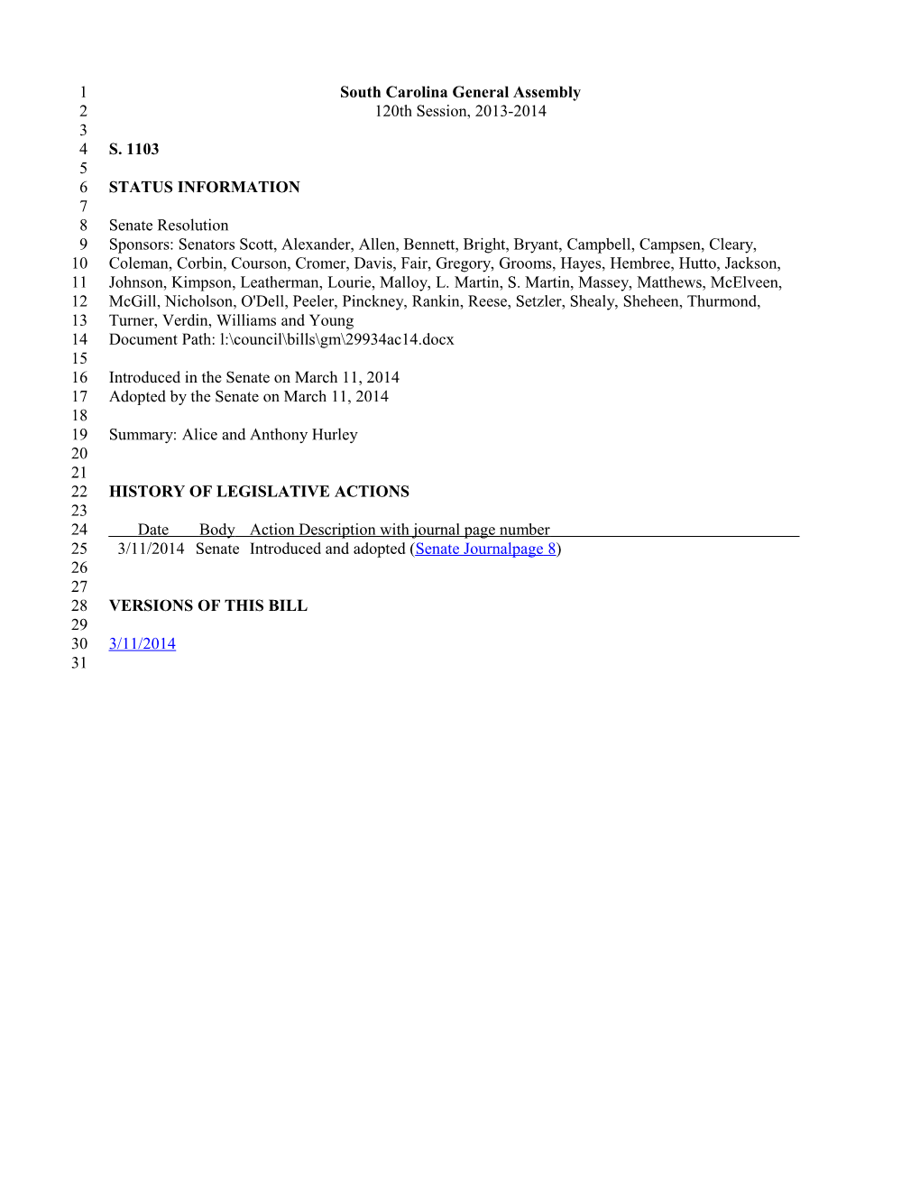 2013-2014 Bill 1103: Alice and Anthony Hurley - South Carolina Legislature Online