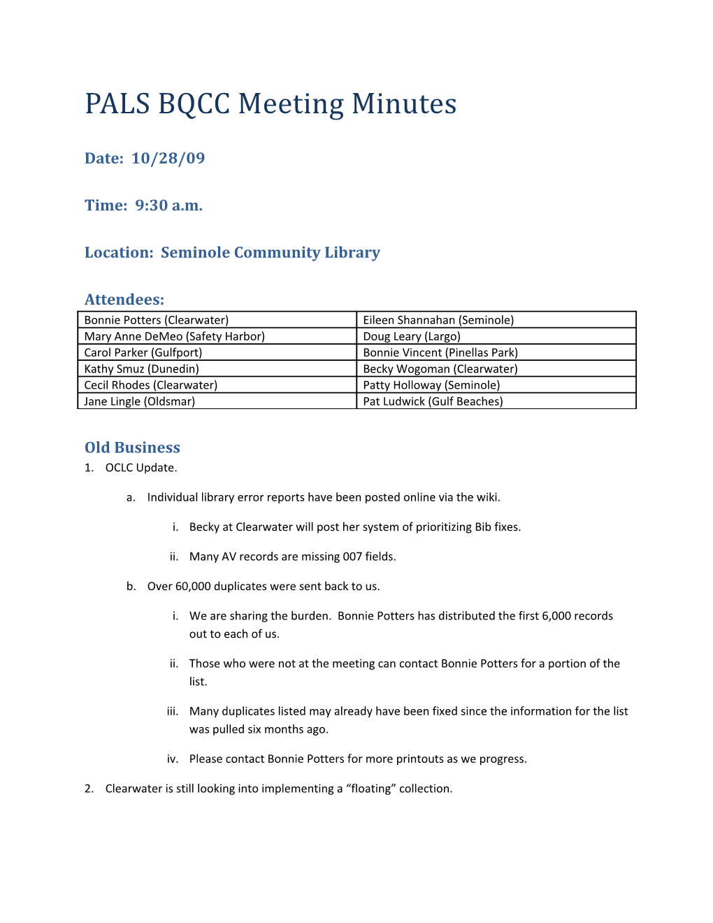 PALS BQCC Meeting Minutes