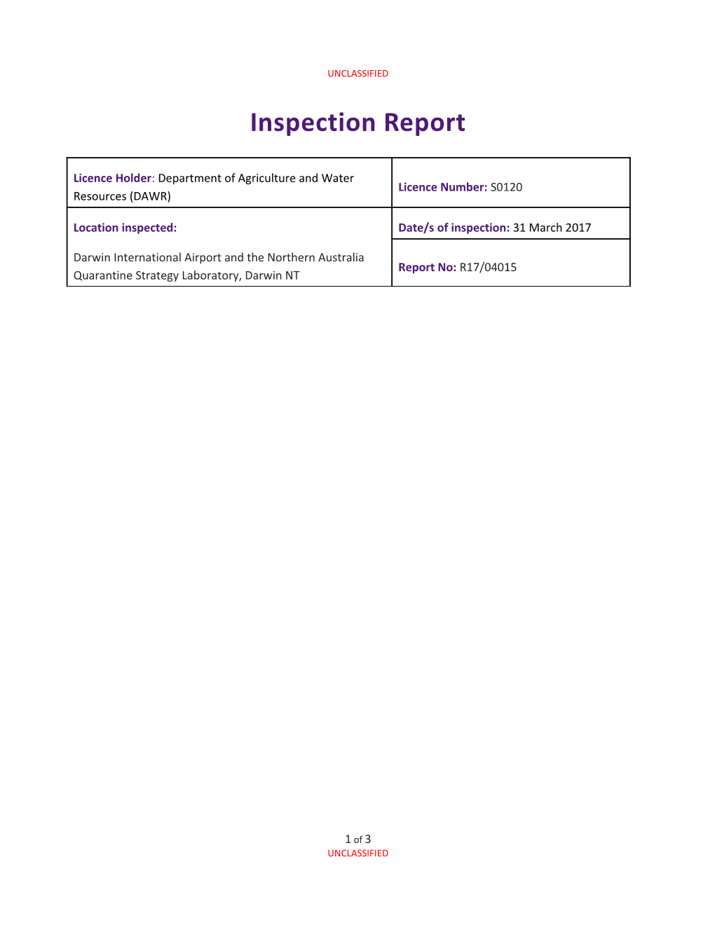 Inspection Report: Department of Agriculture and Water Resources (Darwin Airport and NT