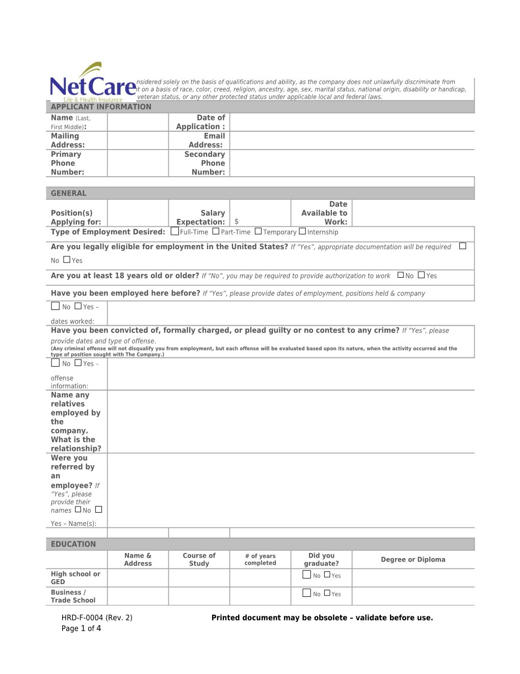 HRD-F-0004 (Rev. 2) Printed Document May Be Obsolete Validate Before Use. Page 1 of 4