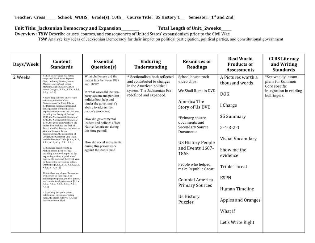 Teacher: Cross______School: WBHS Grade(S): 10Th__ Course Title: US History 1___ Semester