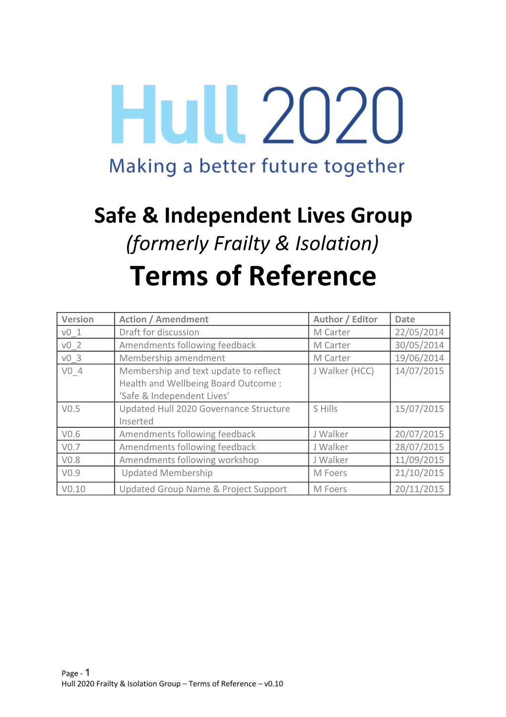 Hull 2020 Safe & Independent Lives Group