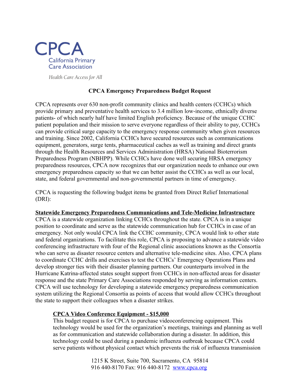 CPCA Emergency Preparedness Budget Request