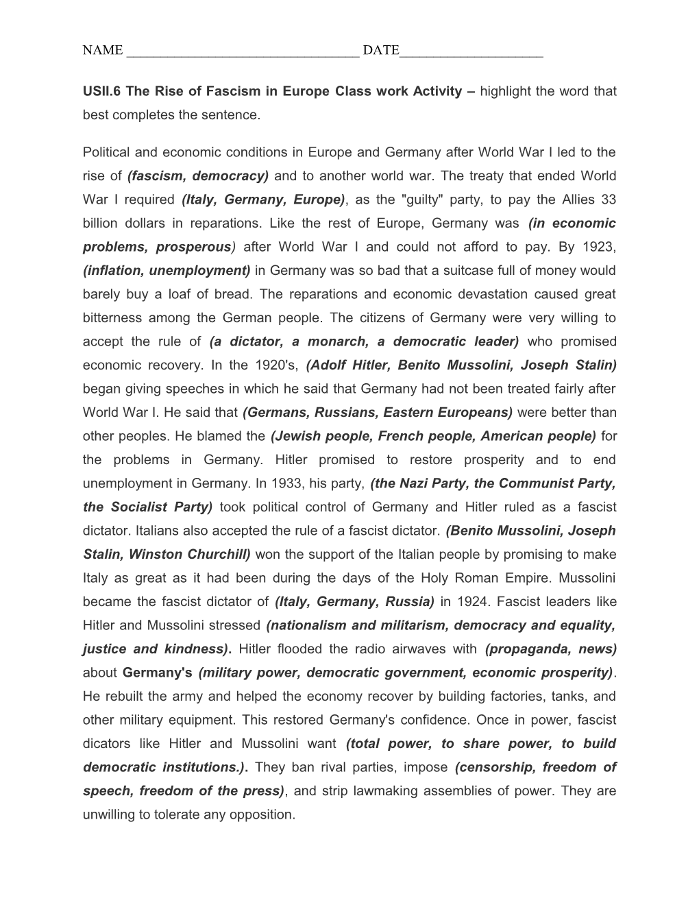 USII.6 the Rise of Fascism in Europeclass Work Activity Highlight the Word That Best Completes