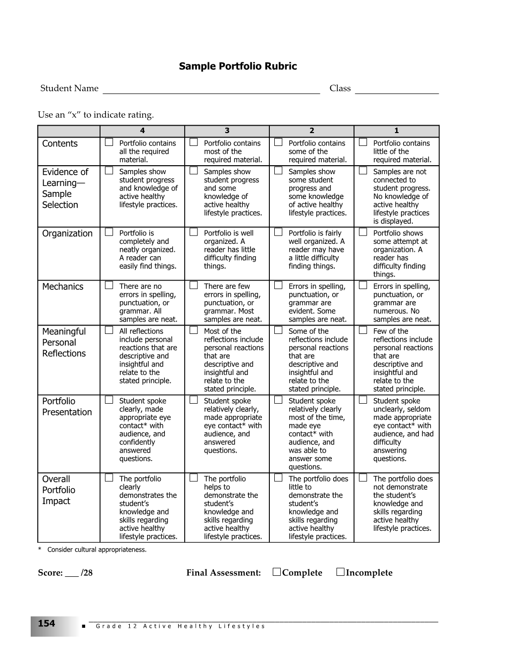 Sample Portfolio Rubric